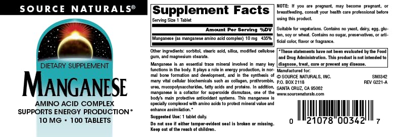 Source Naturals Manganese, Amino Acid Chelate - Support