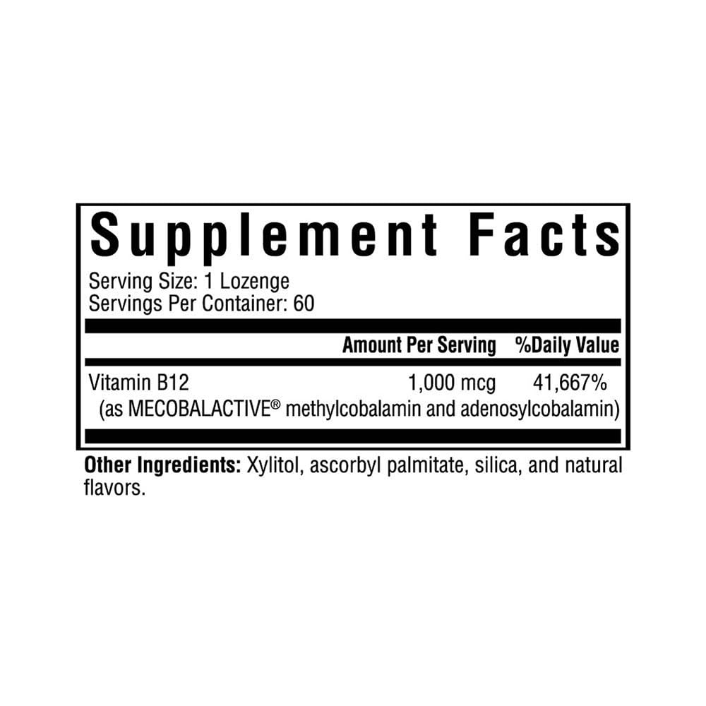 Active B12 1000, 1000 mcg B12 as Adenosylcobalamin and Methylcobalamin, Supports Homocysteine Levels and Methylation, MTHFR Support, Vegan and Vegetarian (60 lozenges)*