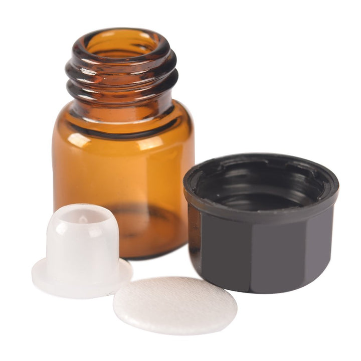 50 pack 1mlï¼Ë†1/4 Dram Mini Amber Glass Essential Oils Sample Bottles with Orifice Reducer and Black Caps for Essential Oils,Chemistry Lab Chemicals,Colognes &amp; Perfumes.3 plastic droppers as gift.