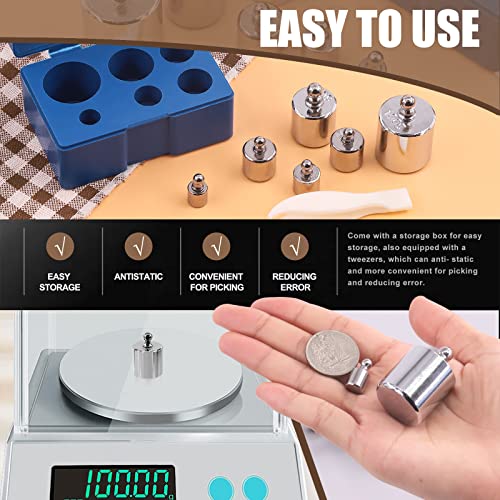 7Pcs 5 Sizes 5g 10g 20g 50g 100g Precision Steel Scale Calibration Weight Kit Test Weights Kits with Tweezers for Jewellery Scale and Digital Balance Scale Laboratory