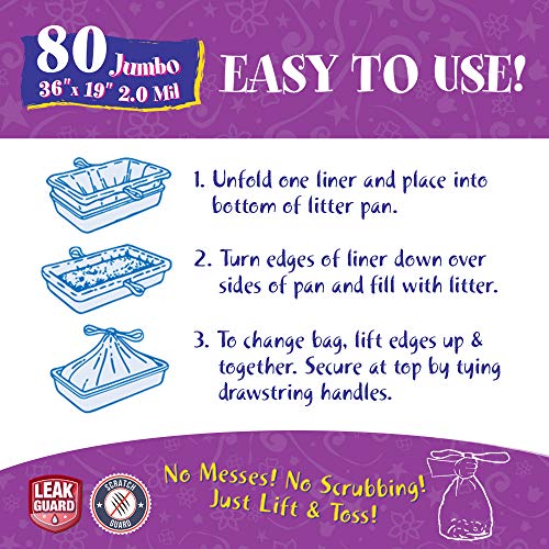 80 Count Litter Box Liners Super Thick, Durable, Easy Clean Up Jumbo Drawstring Scented Litter Pan Liners, Bags for Pet Cats