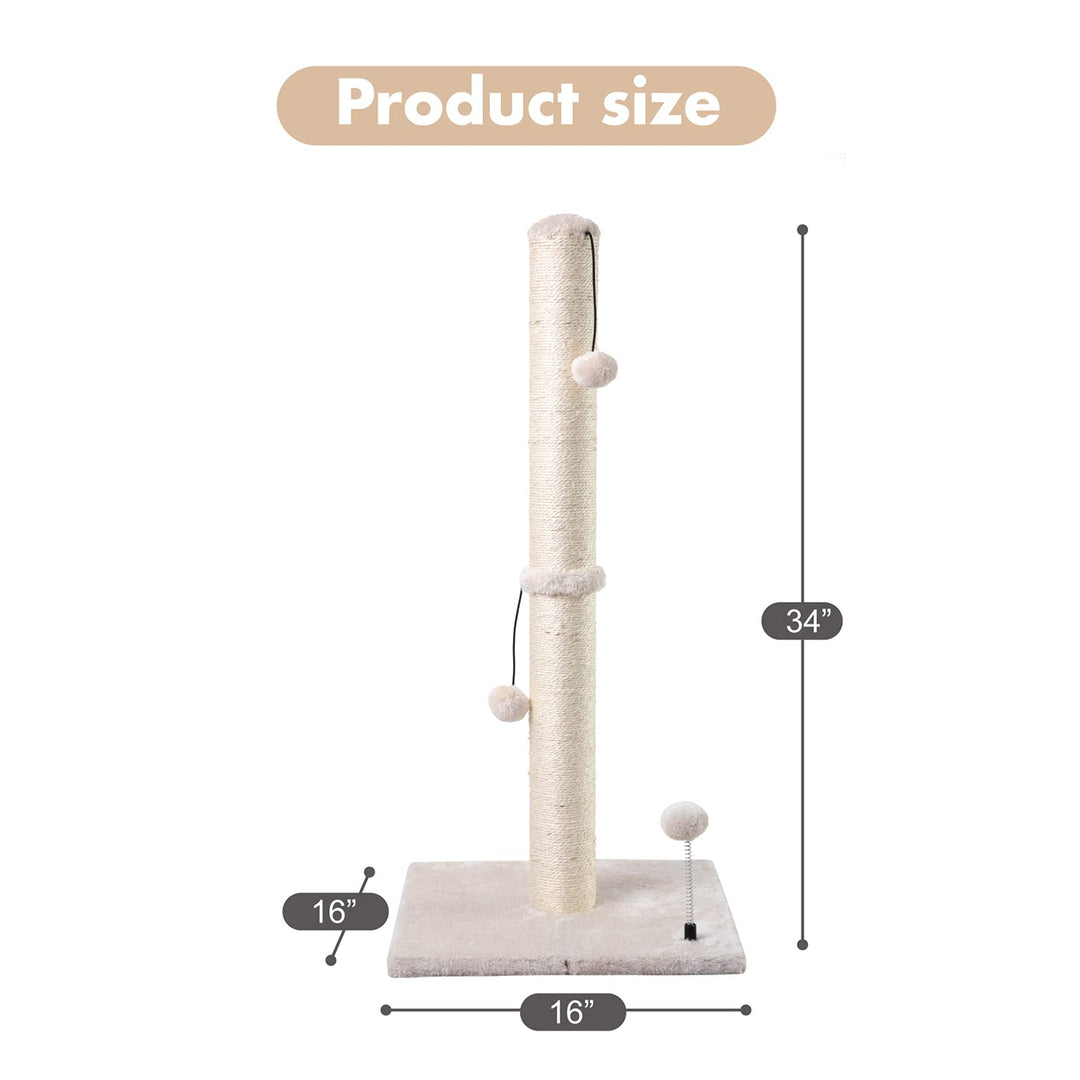 34” Tall Cat Scratching Post Premium Basics Kitten Scratcher Sisal Scratch Posts Trees with Hanging Ball for Indoor Cats, Beige