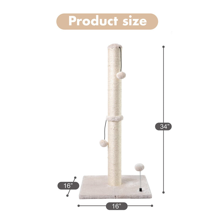 34” Tall Cat Scratching Post Premium Basics Kitten Scratcher Sisal Scratch Posts Trees with Hanging Ball for Indoor Cats, Beige
