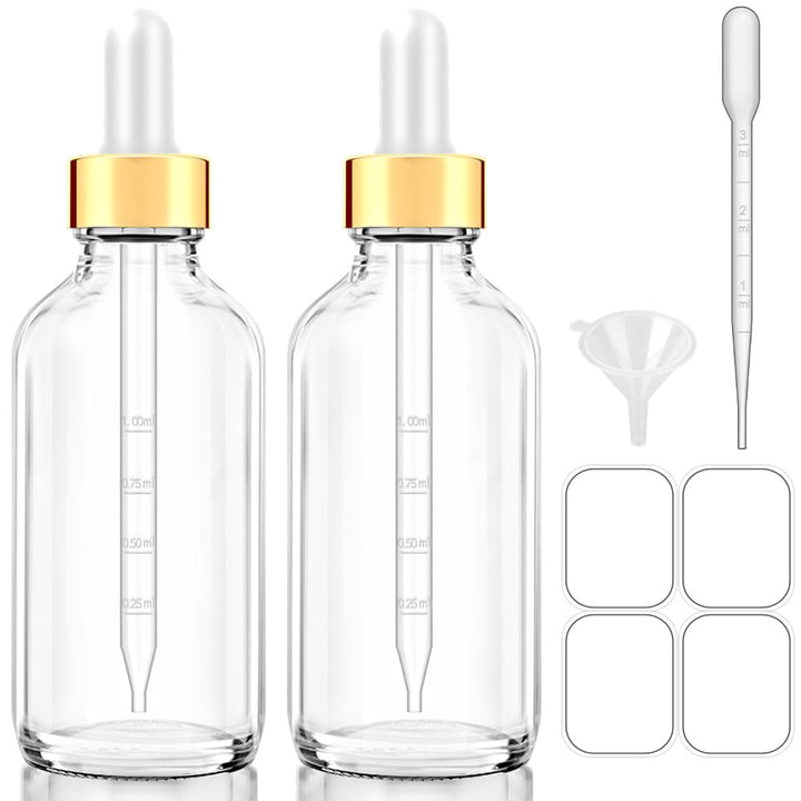 Glass Bottle with Dropper, 4 oz Clear Golden Cap Eye Dropper Bottle for Essential Oils with Labels and Funnel, 2 Pcs Empty Tincture Bottles with Unbreakable Plastic Eye Dropper with Measurements