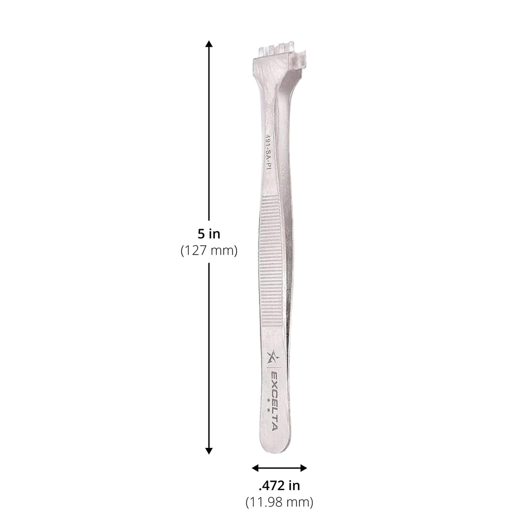 Wafer Tweezers for 4 Wafers, 5 Fingered Paddle with Guide Pin, Anti-Magnetic Stainless Steel, Features Serrated Handles for Better Control, Intermediate