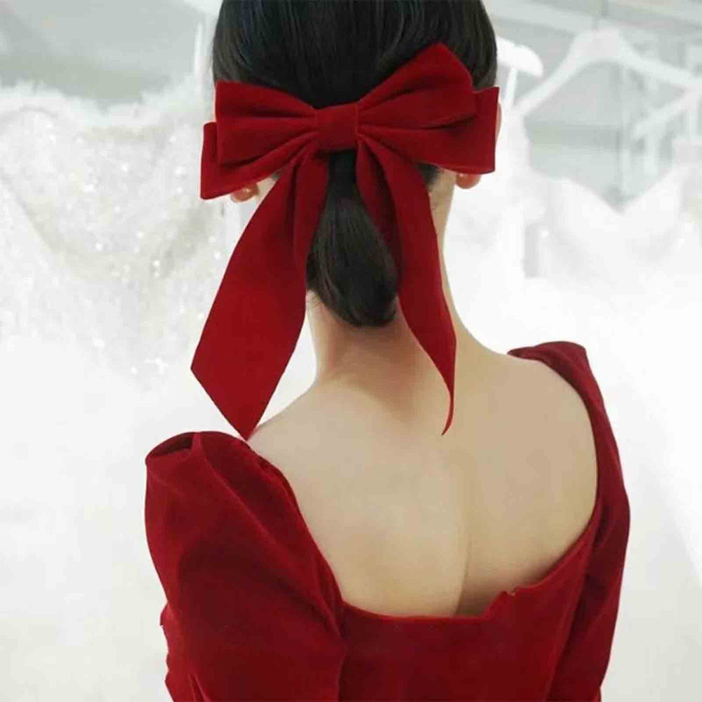 Velvet Hair Bow Tail Satin Bow Long Tail Headpieces Winter Hair Barrette Headwear Hair Accessories for Women and Girls Gifts (Red)