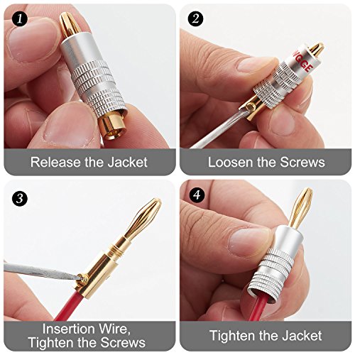 WG-009 Banana Plugs Audio Jack Connector 5 Pairs / 10 pcs, 24k Gold Dual Screw Lock Speaker Connector for Speaker Wire, Wall Plate, Home Theater, Audio/Video Receiver and Sound Systems