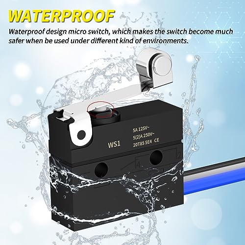 Micro Switch with Lever Waterproof IP67 Sealed Roller Lever Limit Switch SPDT 3 PIN Pre-Wired Micorswitch 5A 250VAC -2PC