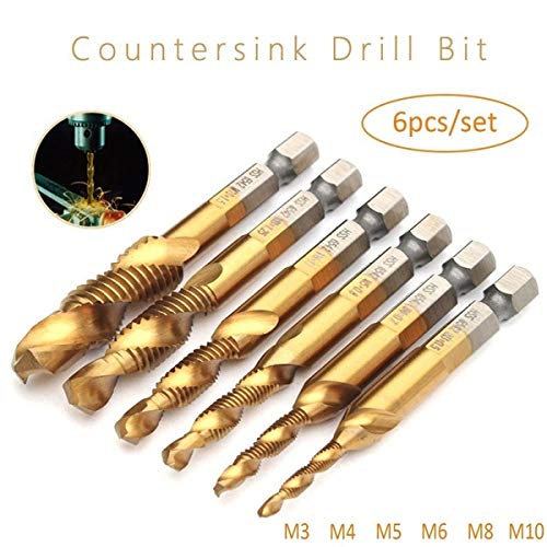 Drill Tap Kit, 6pcs Combination Drill and Tap Bit Set, Metric Thread M3-M10 Screw Tapping Tool 1/4 Hex Shank, Spiral Flutes Design