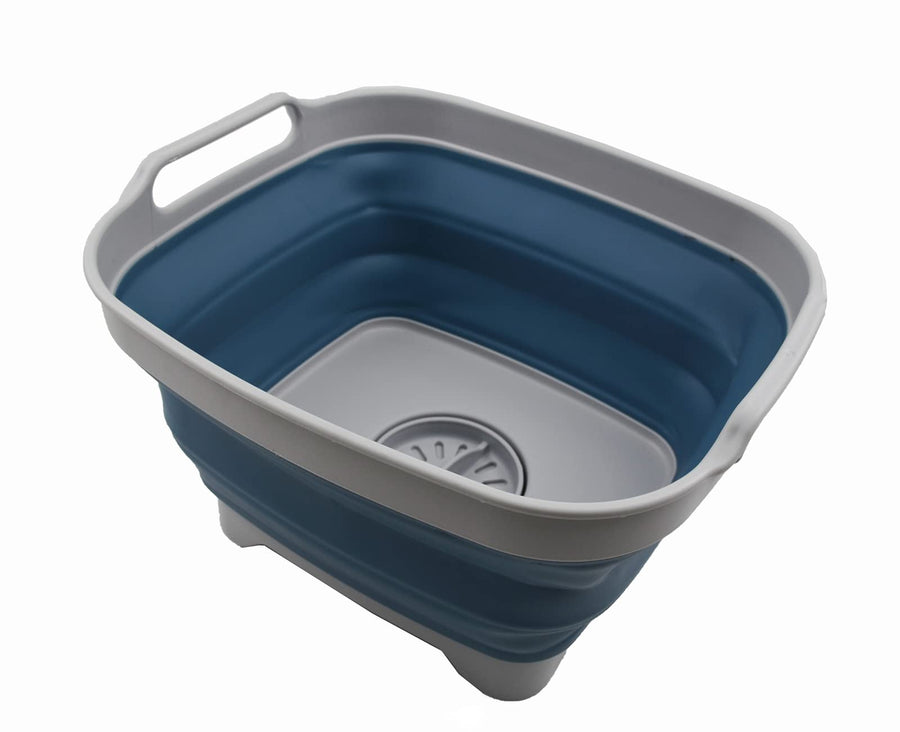 7.5L (2 Gallons) Collapsible Dishpan with Draining Plug - Foldable Washing Basin - Portable Dish Washing Tub - Space Saving Kitchen Storage Tray (Grey/Steel Blue, 1)