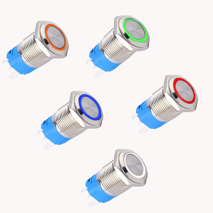5pcs 16mm Metal Waterproof Momentary Push Button Switch Self-Reset Silver Shell 5/8 Mounting Hole, 12V-24V ON Off 5Pins 1NO 1NC Plug in Halo Ring LED Light 5Colors (Blue,Orange,Green,Red,White)