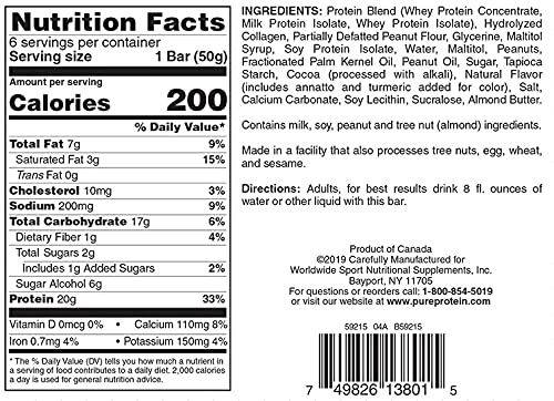Pure Protein Bars, High Protein, Nutritious Snacks to Support Energy, Low Sugar, Gluten Free, Chocolate Peanut Butter, 1.76 Oz (Pack of 6)