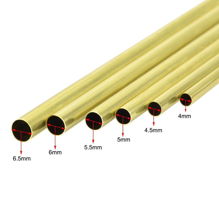 Brass Tube, 4mm 4.5mm 5mm 5.5mm 6mm 6.5mm OD x 0.2mm Wall Thickness 300mm Length Seamless Round Pipe Tubing, Pack of 6