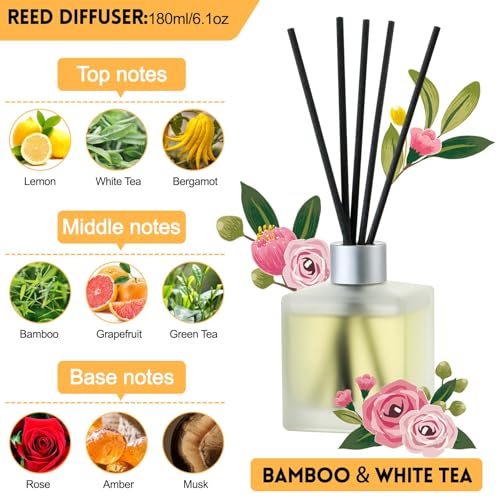 Reed Diffuser Set, French Pear &amp; White Musk Scented Oil Diffuser with 10 Reed Sticks, 6.1 oz /180ml, Home Fragrance for Bedroom Bathroom Living Room, Home &amp; Office Decor