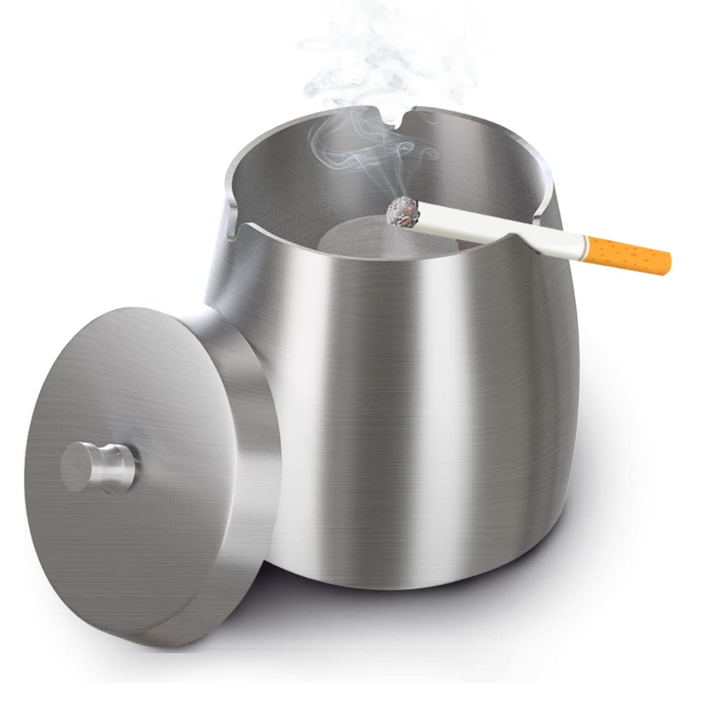 Outdoor Ashtray With Lid For Cigarettes And Cigar Smokers Windproof Rainproof Spill Proof Smokeless Ashtray For Indoor Outside Patio ( Large), Silver