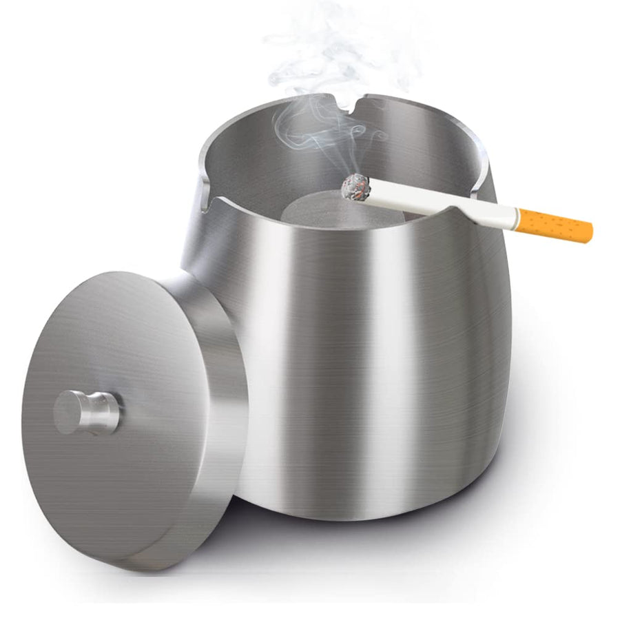 Outdoor Ashtray With Lid For Cigarettes And Cigar Smokers Windproof Rainproof Spill Proof Smokeless Ashtray For Indoor Outside Patio ( Large), Silver