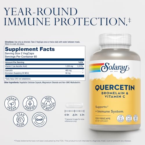 Quercetin with Bromelain and Vitamin C - Immune Support Supplement - Antioxidant and Heart Health Complex with Quercetin 500mg and 1235mg VIT C - Vegan, 60-Day Guarantee, 60 Serv, 120 VegCaps