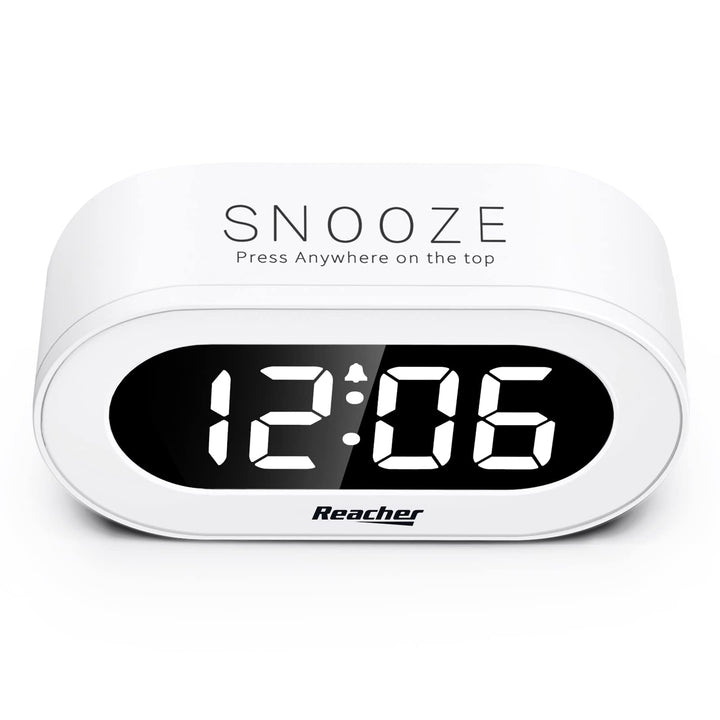 Small LED Digital Alarm Clock with Snooze, Simple to Operate, Full Range Brightness Dimmer, Adjustable Alarm Volume, Outlet Powered Compact Clock for Bedrooms, Bedside, Desk, Shelf(White)