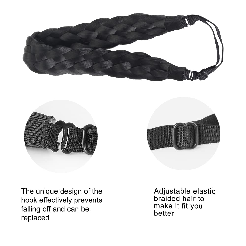 Elastic Synthetic Chunky Hair Braid 5 Strands Braids Hair Headbands Plaited Braided Headband (Jet Black)
