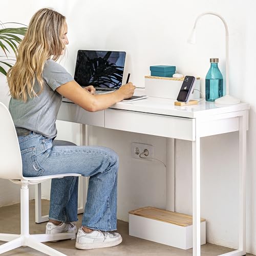 | Wood Cable Management Box White [Set of Two] Large &amp; Medium Cord Organizer Box Set to Hide Wires &amp; Power Strips | Cable Storage Box | TV, Desk, Computer, Router Cord Organization