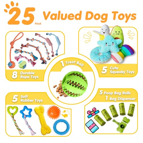 25 Pack Luxury Dog Chew Toys for Puppy, Dog Toys with Ropes, Treat Ball and Squeaky Puppy Toys for Teething Small Dogs