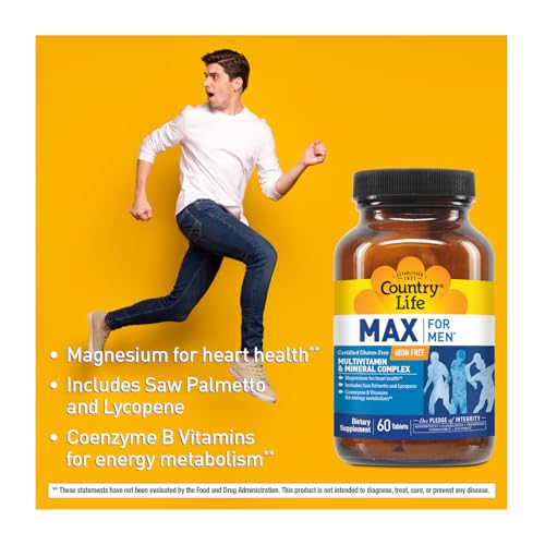 Max for Men, Multivitamin &amp; Mineral Complex, Iron-Free, Vegetarian Tablets, 60 Count, Certified Gluten Free, Certified Vegetarian