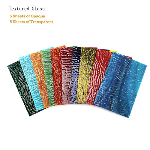 (10 Sheets) Variety Textured Stained Glass Sheets Pack, 4 x 6 inch Large Cathedral Glass Mosaic Tiles for Crafts, Mixed Opaque&amp;Transparent