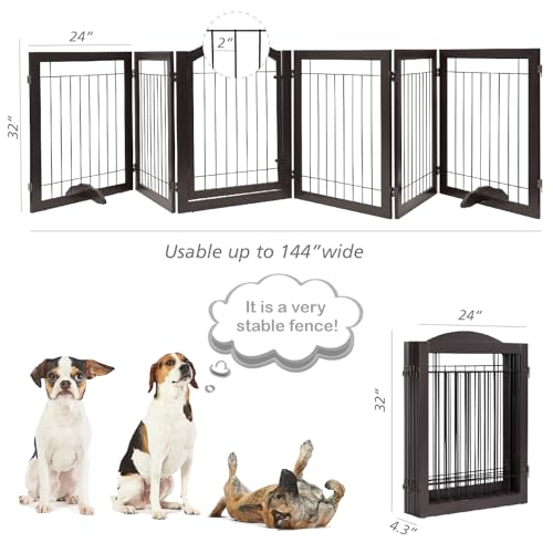 144-inch Extra Wide 30-inches Tall Dog gate with Door Walk Through, Freestanding Wire Pet Gate for The House, Doorway, Stairs, Pet Puppy Safety Fence, Support Feet Included, Espresso,6 Panels