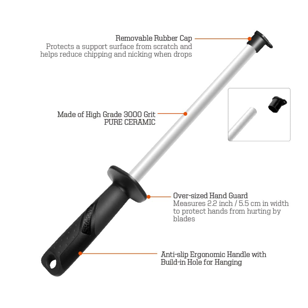 118N Professional Ceramic Sharpening Fine Honing Rod Steel Kitchen Knife Sharpener Stick, With Anti-Breaking Cap