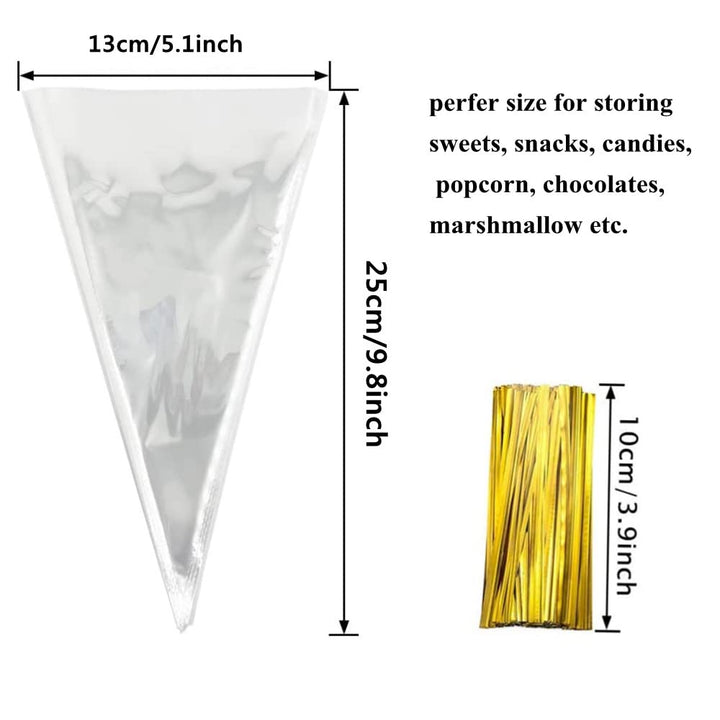 MAOUYWIEE 100 Pieces Popcorn Bags for Party Cone Shape Bags Transparent Cello Bags Sweet Clear Treat Bags with 100 Pieces Twist Ties, 9.8 x 5.1 Inch (Gold Twist Ties)