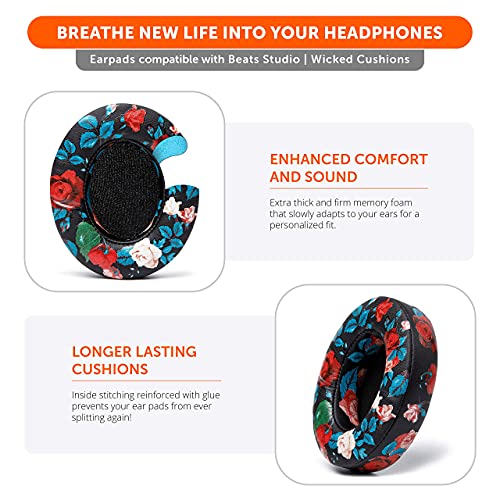 Wicked Cushions Replacement Ear Pads for Beats Studio 2 &amp; 3 (B0501, B0500) Wired &amp; Wireless | Does NOT Fit Beats Solo | Softer PU Leather, Enhanced Foam &amp; Stronger Adhesive | Black Floral