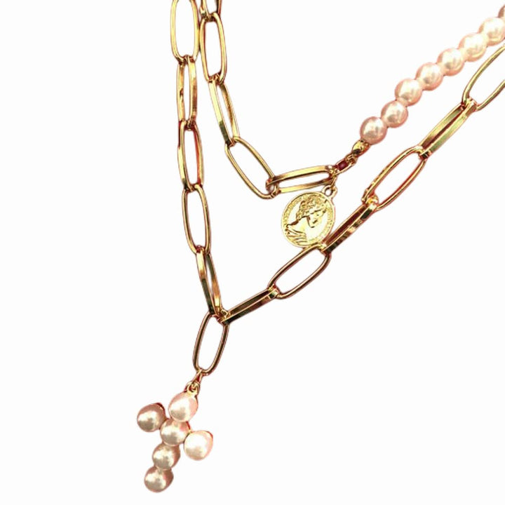 Bohemia Layered Choker Necklace Pearl Cross Necklace Coin Neckalce Gold Disc Coin Pearl Cross Charm Pendant Necklace for Women and Girls