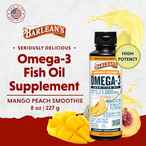 Mango Peach Omega 3 Fish Oil Liquid Supplement with Vitamin D, 1080mg EPA & DHA Fatty Acid, Smoothie Flavored & Burpless for Brain, Joint, & Heart Health, 8 oz