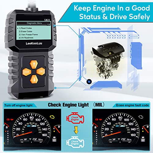 OBD2 Scanner Ease Setup Plug-Play: Clear Reset Engine Error Code Professional Code Reader Diagnostic Scan Tools with Freeze Frame/I/M Readiness for All Cars Since 1996 &amp; Newer - LK11
