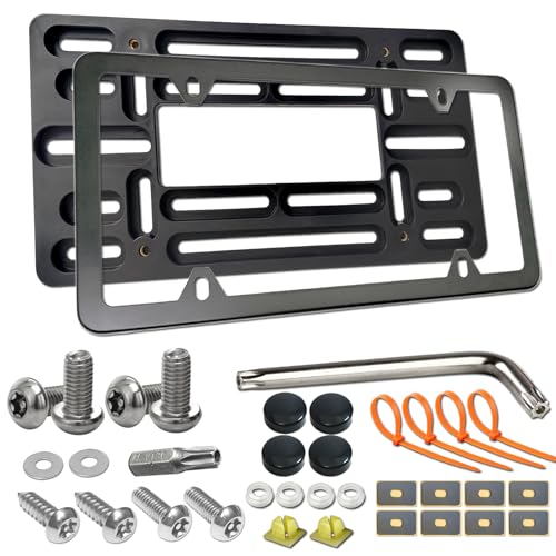 Aootf Front License Plate Bracket- Universal Bumper Mounting Kit, Car Tag Holder Adapter &amp; Black Aluminum Plate Cover, Anti-Theft Lock Screw Bolt Caps, For US Vehicle Trailer Truck