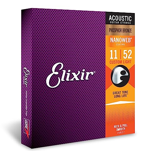 Strings, Acoustic Guitar Strings, Phosphor Bronze with NANOWEB Coating, Longest-Lasting Rich and Full Tone with Comfortable Feel, 6 String Set, Custom Light 11-52