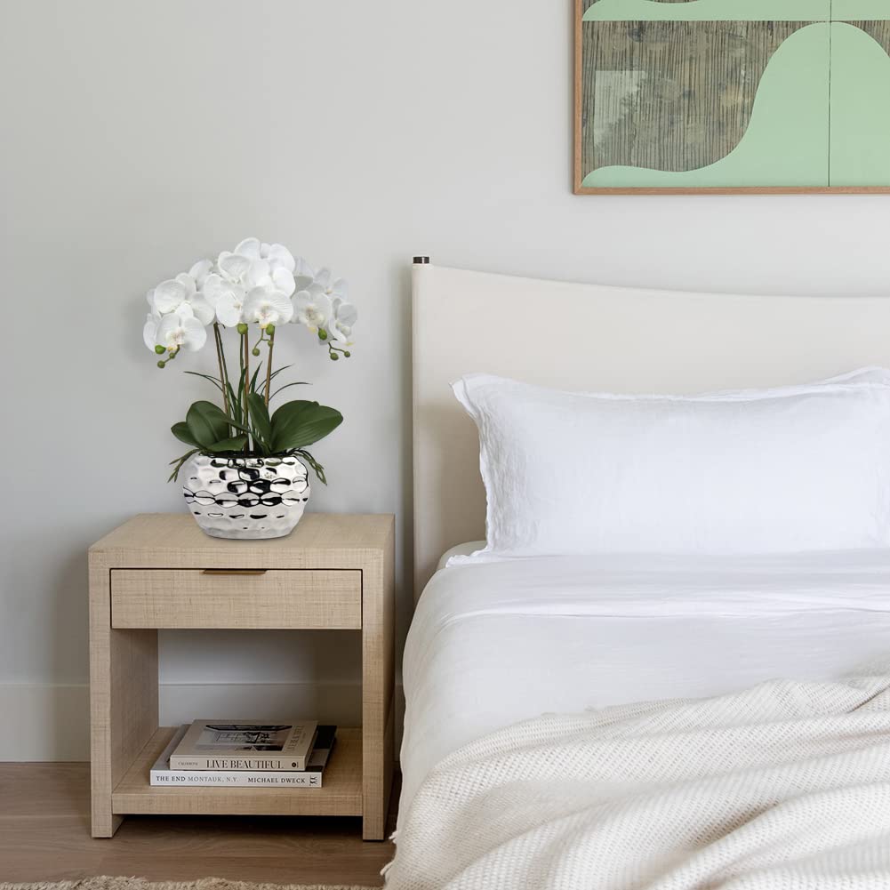 Orchids Artificial Flowers 18 White Phalaenopsis Large Orchid with Silver Ceramic Pots Silk Faux Orchid Arrangement for Home Office Bathroom Living Room Table Decoration