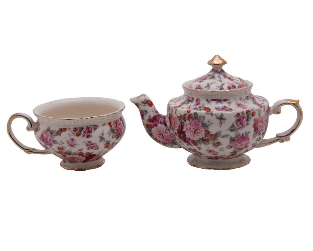5-1/4-Inch Tea For One Set, Pink Peony Chintz with Gold Trim