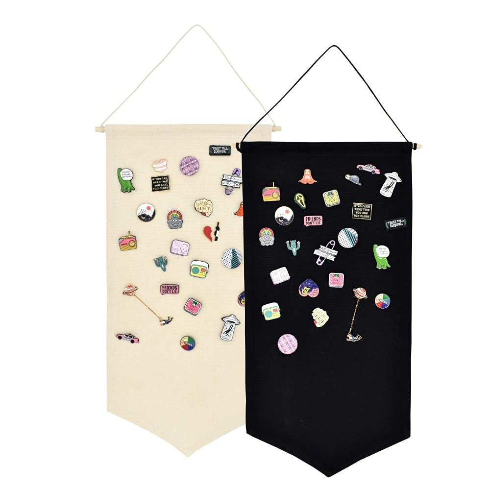 Wall Hanging Brooch Jewelry Storage Case Canvas Display Stand Enamel Pin Display Banner Holder Earrings Necklace Glitter Pin Collection Organizer (Black)