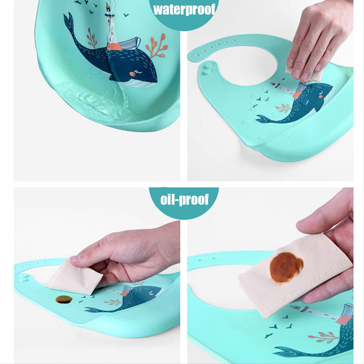 Baby Bibs Silicone Feeding Bibs, Weaning Waterproof Bibs with Food Crumb Catcher Pocket Baby Bibs Easily to Clean, Comfortable and Foldable