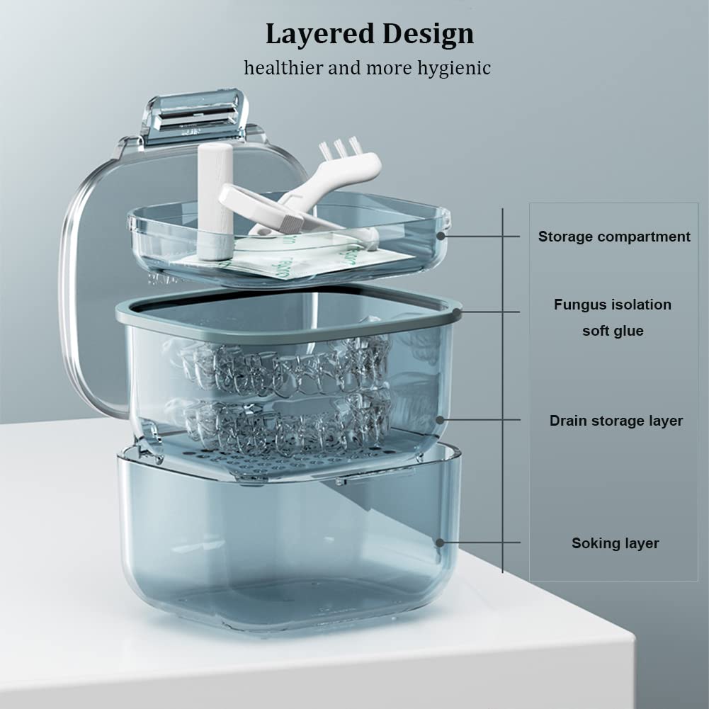 Denture Case, Retainer Case, Denture Bath Box Cup with 