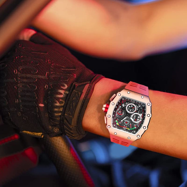 Mens Luxury Tonneau Square Watches Analog Punk Chronograph Unique Sports Wrist Watch Japanese Movement Luminous Design with Rubber Band (Rosegold Red)
