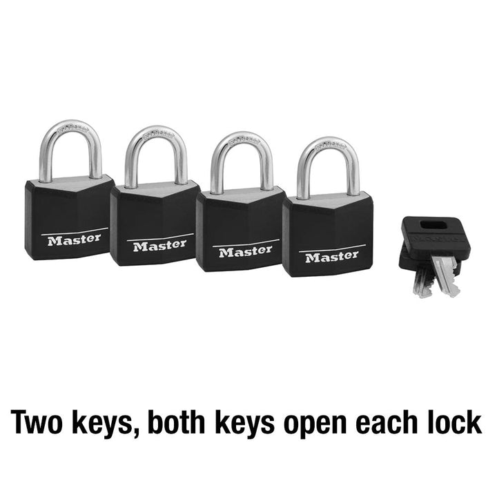Black Outdoor Key Lock, Standard Weather Resistant Padlock with Cover, Keyed Alike Padlocks for Lockers, Fences, Sheds, or Other Equipment, 4 Pack, 131Q