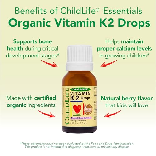CHILDLIFE Essentials Organic Vitamin K2 Drops - Infant Toddler Baby Vitamin K, K2 Supplement, Vitamin K2 MK7, Liquid K2, Vitamin K Drops - Natural Berry Flavor, 0.25 Fl Oz (Pack of 1)