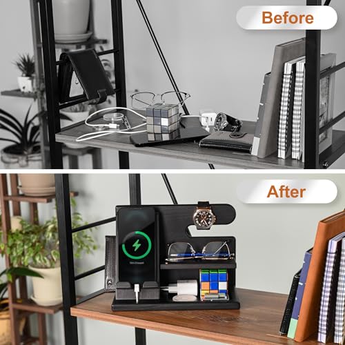 Wood Phone Docking Station - Nightstand Organizer - Desk Organizer for Husband - Birthday Gifts for Men or Dad - Idea for Anniversary from Wife - Key Holder - Stand for Wallet & Watch (Black)