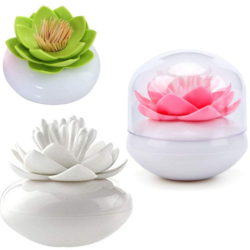 3 Pack Lotus Cotton Swab Holder,Cotton Bud Small Q-Tips Toothpicks Brushes Holder Box Case Storage Organizer Jar with Clear Lid Dustproof Cover Green Grey Beige