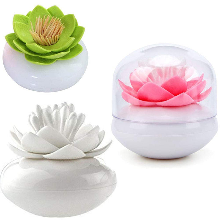 3 Pack Lotus Cotton Swab Holder,Cotton Bud Small Q-Tips Toothpicks Brushes Holder Box Case Storage Organizer Jar with Clear Lid Dustproof Cover Green Grey Beige