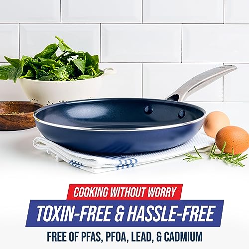 Cookware 10 Frying Pan Skillet, Diamond Infused Healthy Ceramic Nonstick, PFAS and PFOA-Free, Dishwasher and Oven Safe, Even Heating, Metal Utensil Safe, Warp Control Base, Blue