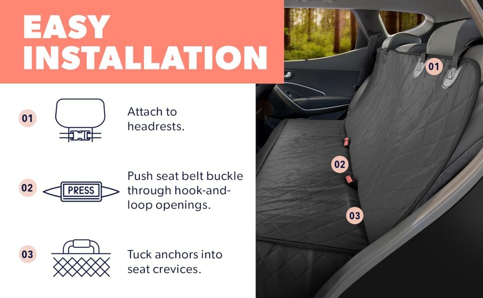 Dog Car Seat Cover for Back Seat, Waterproof Pet Hammock Protector, Durable Nonslip Seat Protection SUV Truck, Standard 53x56, Black