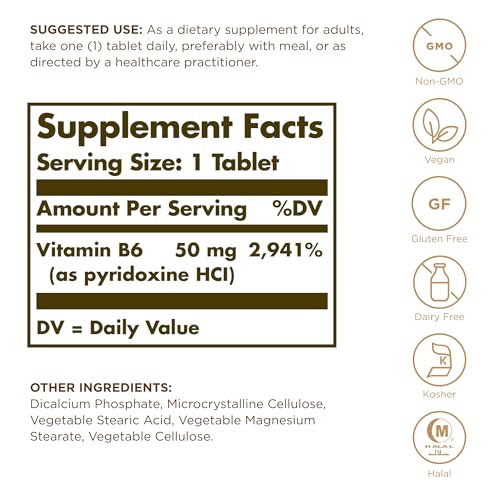 SOLGAR Vitamin B6 50 mg - 100 Tablets - Non-GMO, Vegan, Gluten Free, Dairy Free, Kosher, Halal - 100 Servings